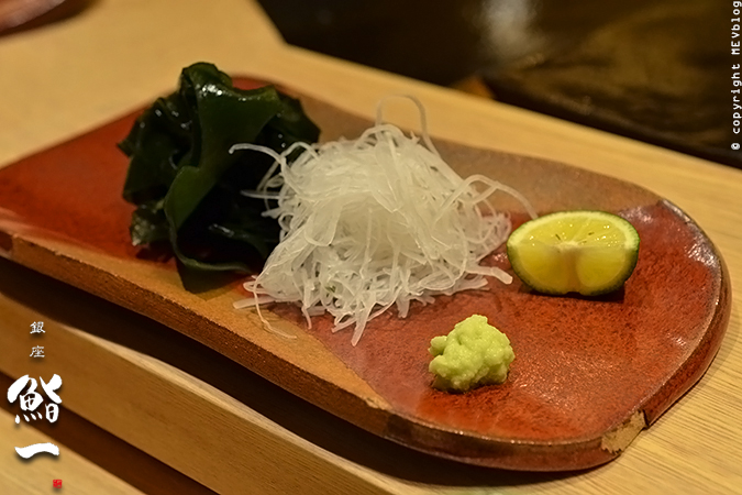 Condiments - radish, seaweed, wasabi and lime